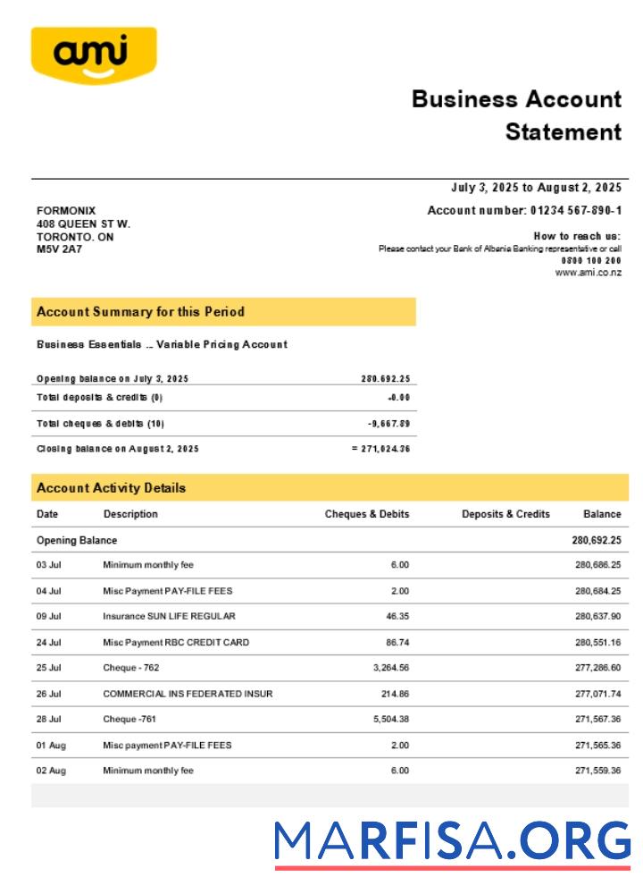 Printable Ami Insurance Limited company statement Word and PDF format (1) example